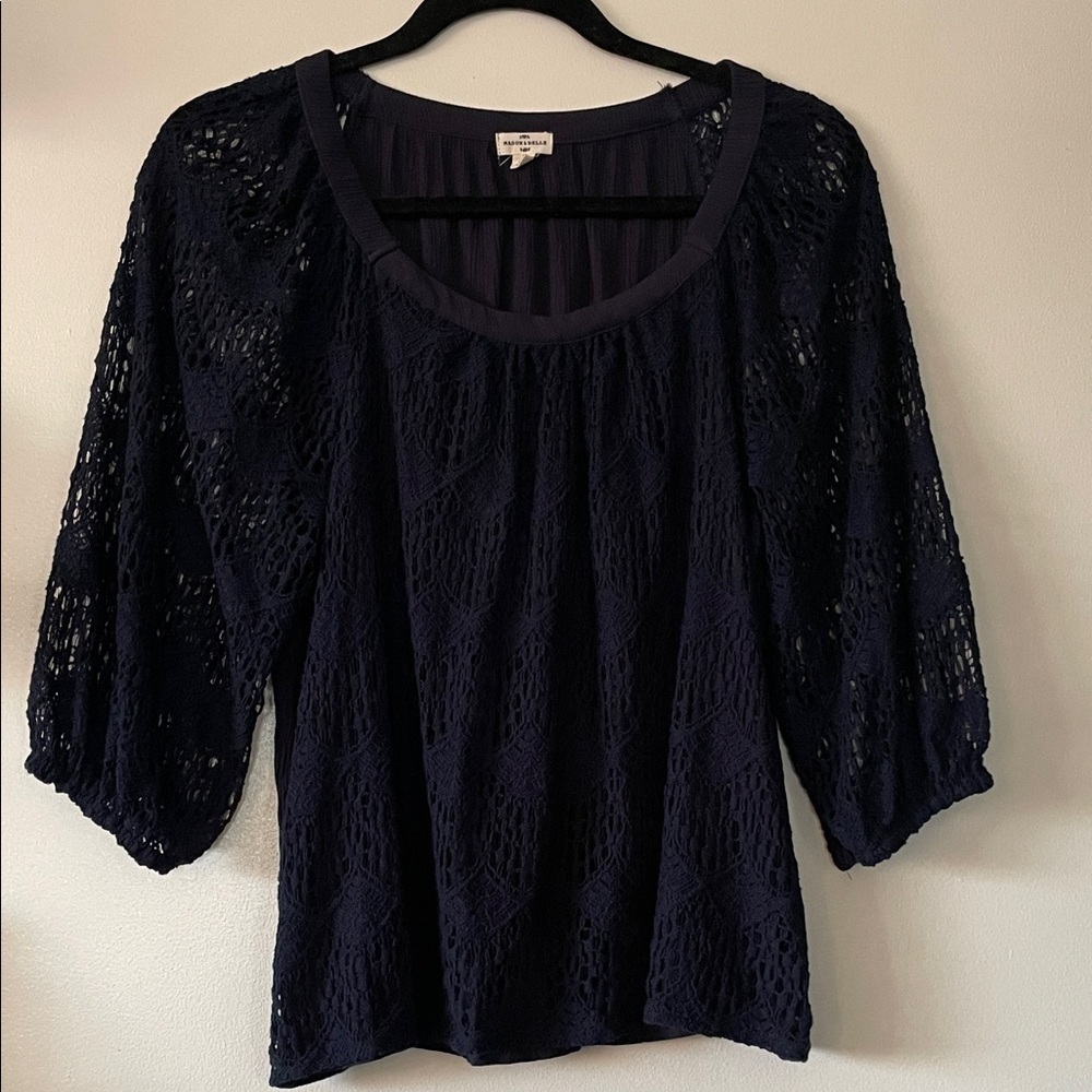 Mason & Belle|Boho Crochet Lace Blouse| Navy Blue| Large| EUC